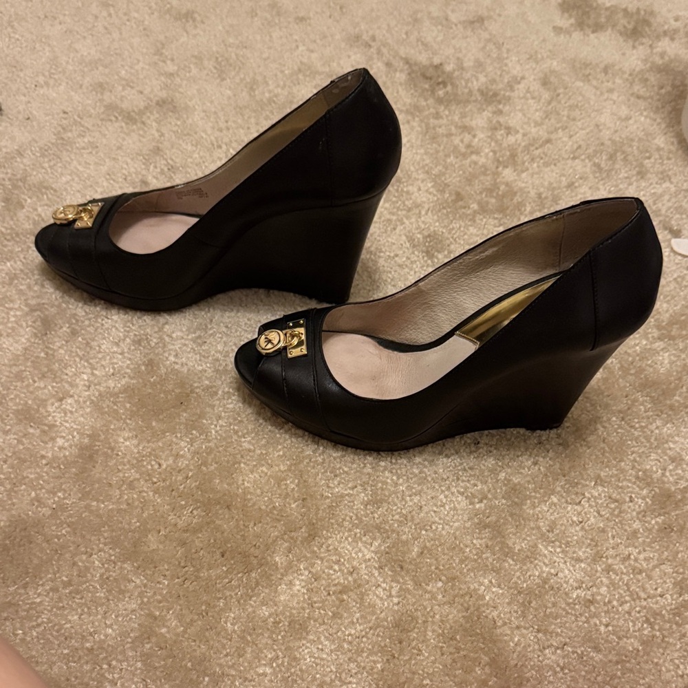 Michael Kors Black Peep Toe Heels with Gold Accent - Picture 4 of 7